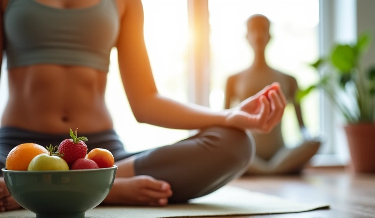 Persona meditando en un entorno tranquilo con un cuenco de frutas frescas