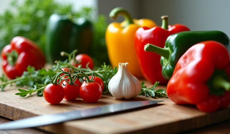 Primer plano de ingredientes frescos para cocinar en una tabla de cortar