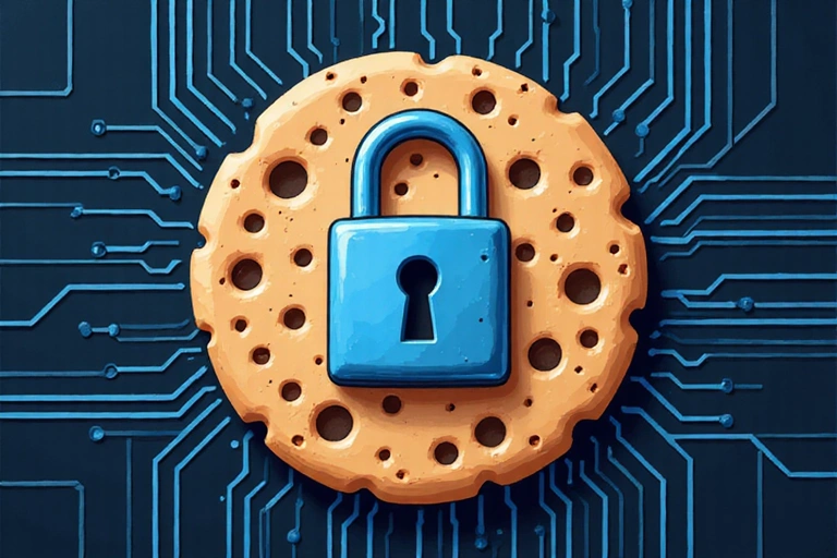 Ilustración de una galleta digital con un candado, simbolizando la seguridad de las cookies.