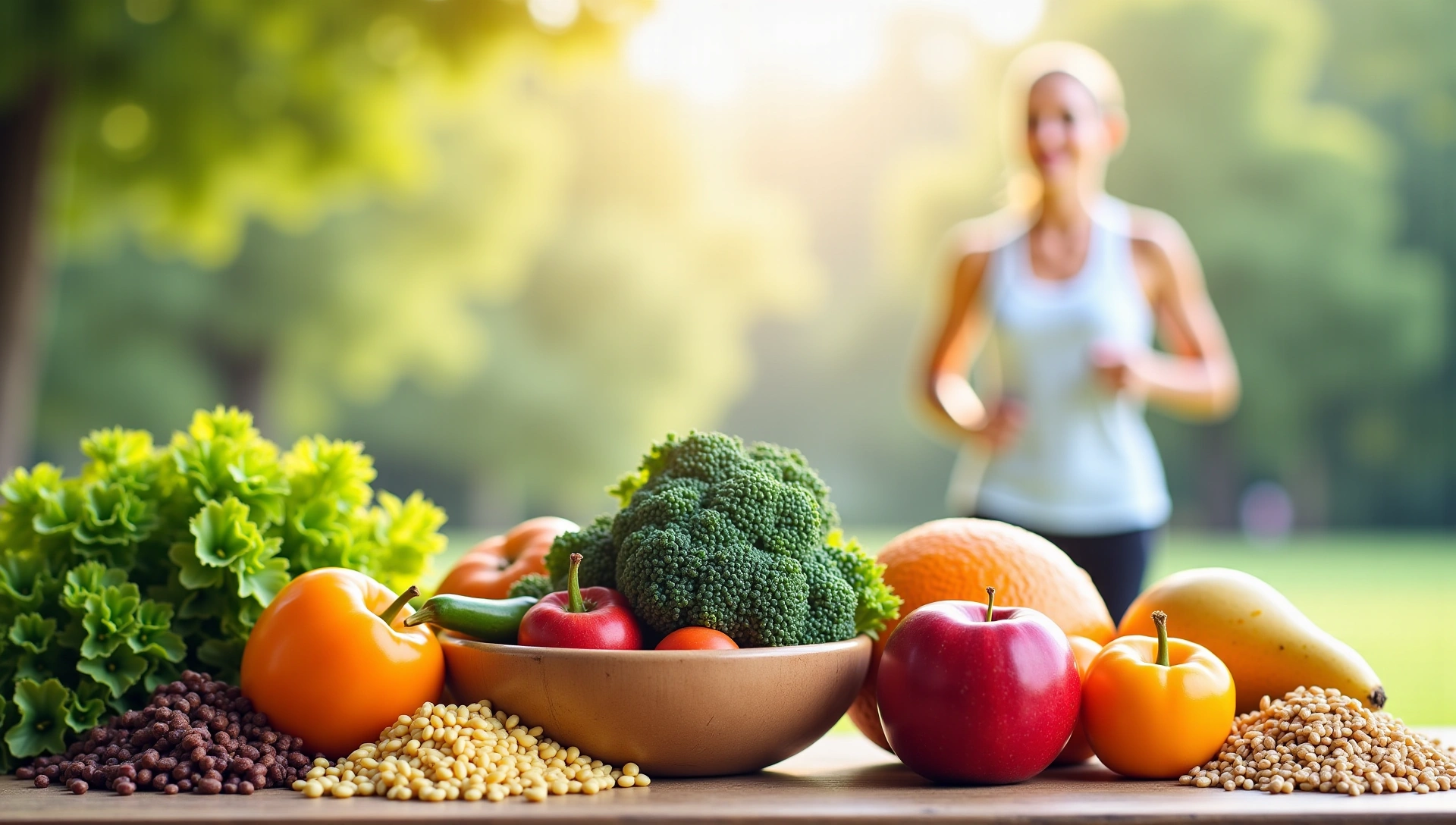 Arreglo sereno de alimentos saludables y persona disfrutando un estilo de vida sano