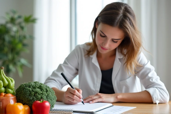 Mujer escribiendo en un cuaderno con alimentos saludables en la mesa, representando un plan nutricional personalizado
